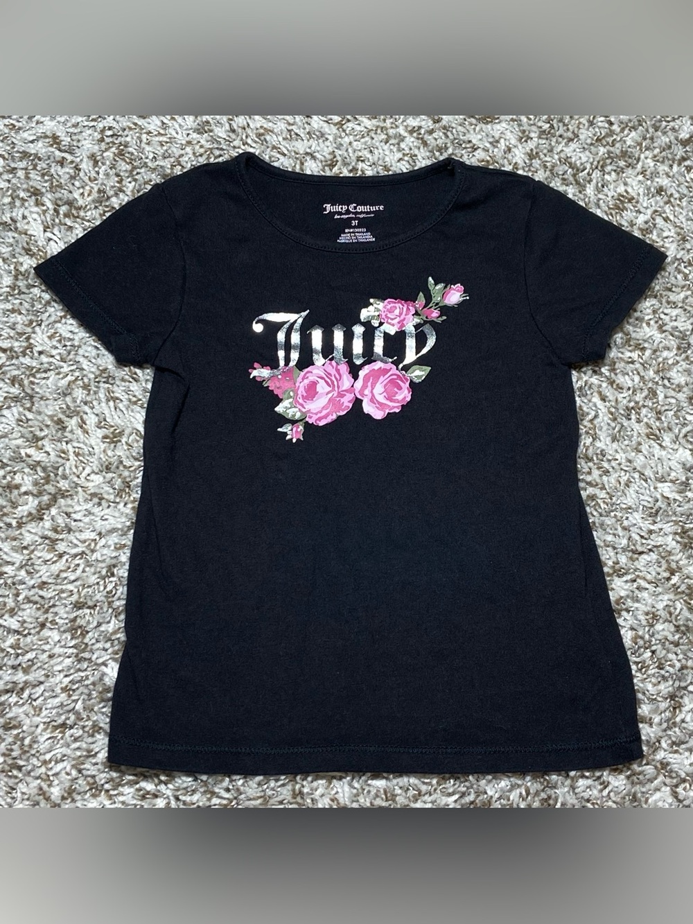 JUICY COUTURE Los Angeles Black Pink Roses Shiny Silver Logo Tee T-Shirt Sz 3T